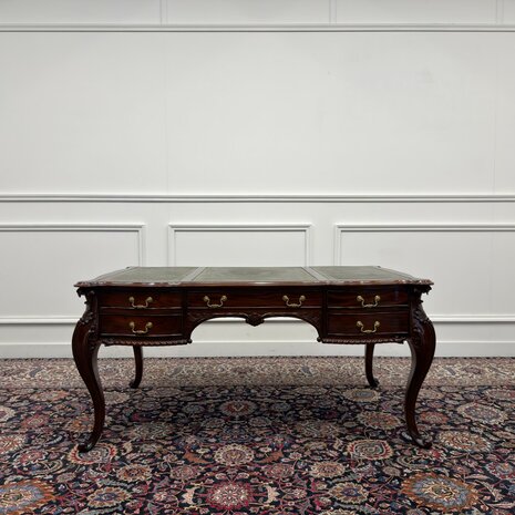 Klassiek-Engels-Antiek-Oud-Vintage-Bureau-Desk-Schrijftafel-Groen-Leder