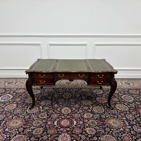 Klassiek-Engels-Antiek-Oud-Vintage-Bureau-Desk-Schrijftafel-Groen-Leder