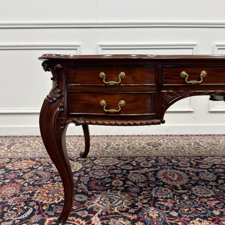 Klassiek-Engels-Antiek-Oud-Vintage-Bureau-Desk-Schrijftafel-Groen-Leder