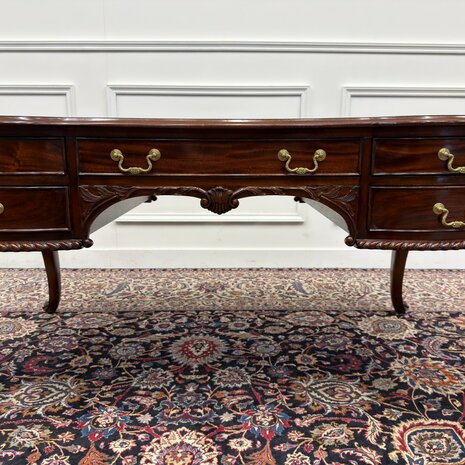 Klassiek-Engels-Antiek-Oud-Vintage-Bureau-Desk-Schrijftafel-Groen-Leder