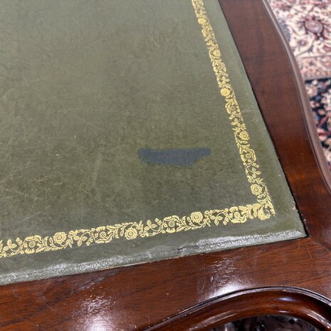 Klassiek-Engels-Antiek-Oud-Vintage-Bureau-Desk-Schrijftafel-Groen-Leder