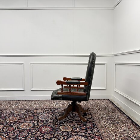 Klassiek-Antiek-Engels-Oud-Chesterfield-Bureaustoel-Desk-President-Chair-Groen-Leder