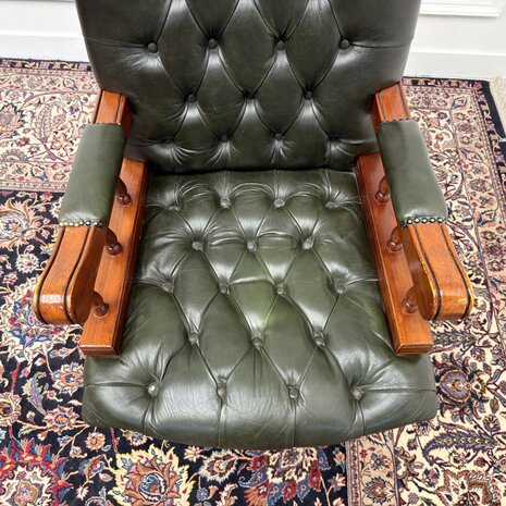 Klassiek-Antiek-Engels-Oud-Chesterfield-Bureaustoel-Desk-President-Chair-Groen-Leder