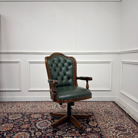 Klassiek-Engels-Antiek-Oud-Vintage-Chesterfield-Bureaustoel-President-Chair-Groen-Leder
