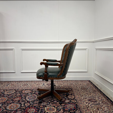 Klassiek-Engels-Antiek-Oud-Vintage-Chesterfield-Bureaustoel-President-Chair-Groen-Leder