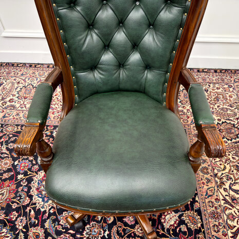 Klassiek-Engels-Antiek-Oud-Vintage-Chesterfield-Bureaustoel-President-Chair-Groen-Leder