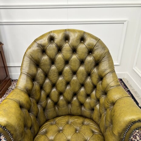 Engels-Klassiek-Oud-Antiek-Vintage-Chesterfield-Bureaustoel-Director-Directors-Chair-Groen-Leder