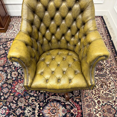 Engels-Klassiek-Oud-Antiek-Vintage-Chesterfield-Bureaustoel-Director-Directors-Chair-Groen-Leder