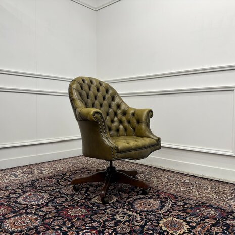 Engels-Klassiek-Oud-Antiek-Vintage-Chesterfield-Bureaustoel-Director-Directors-Chair-Groen-Leder