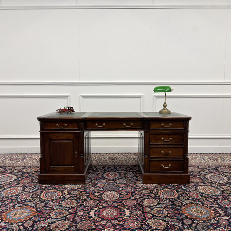 Klassiek-Engels-Oud-Antiek-Vintage-Chesterfield-Bureau-Desk-Groen-Leder