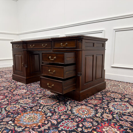 Klassiek-Engels-Oud-Antiek-Vintage-Chesterfield-Bureau-Desk-Groen-Leder