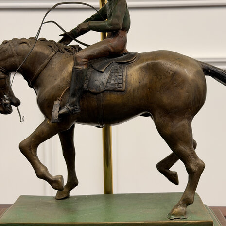 Klassiek-Engels-Antiek-Oud-Brons-Bronze-Lamp-Tafellamp-Ruiter