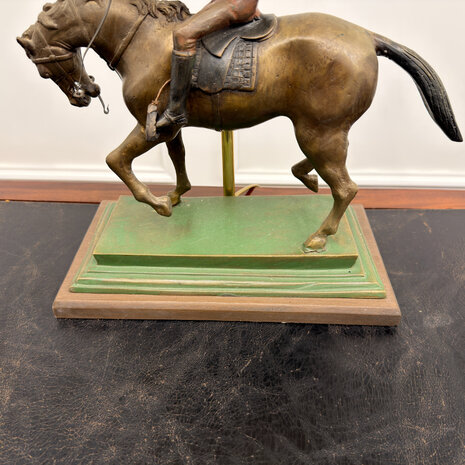 Klassiek-Engels-Antiek-Oud-Brons-Bronze-Lamp-Tafellamp-Ruiter
