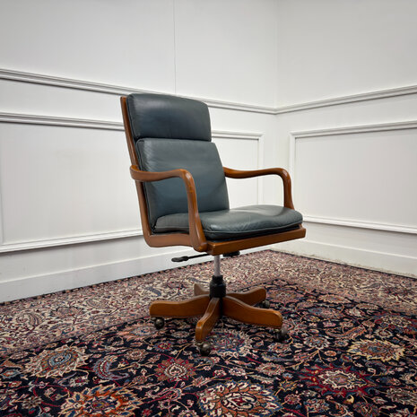 Klassiek-Antiek-Engels-Oud-Vintage-Chesterfield-Heldense-Exclusive-Bureaustoel-President-Chair-Groen-Leder