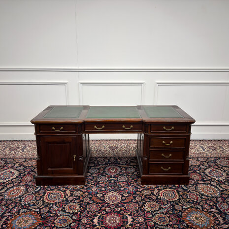 Klassiek-Antiek-Engels-Oud-Vintage-Chesterfield-Bureau-Desk-Groen-Leder