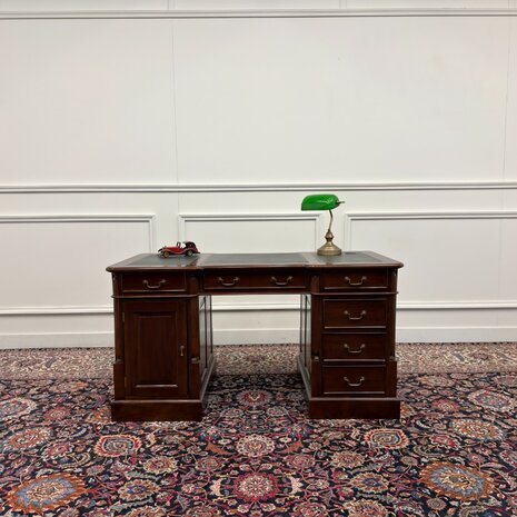Klassiek-Antiek-Engels-Oud-Vintage-Chesterfield-Bureau-Desk-Groen-Leder