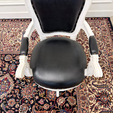 Klassiek-Antiek-Engels-Oud-Vintage-Chesterfield-Wit-Witte-Set-Bureau-Desk-Zwart-Leder-met-Bureaustoel-President-Chair