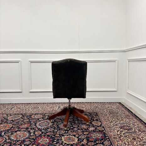 Klassiek-Engels-Antiek-Oud-Vintage-Chesterfield-Bureaustoel-President-Chair-Olijf-Groen-Leder