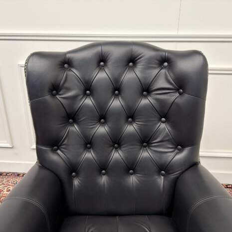 Klassiek-Engels-Antiek-Oud-Vintage-Chesterfield-Rochester-Bureaustoel-Director-Chair-Zwart-Leder