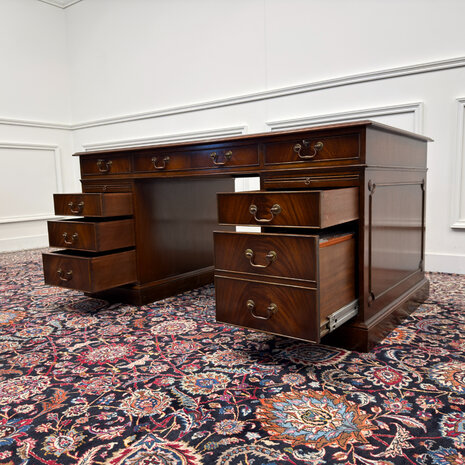 Klassiek-Engels-Antiek-Oud-Vintage-Chesterfield-Bureau-Desk-Groen-Leder