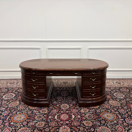 Klassiek-Engels-Antiek-Oud-Vintage-Chesterfield-Groot-Ovaal-Bureau-Desk