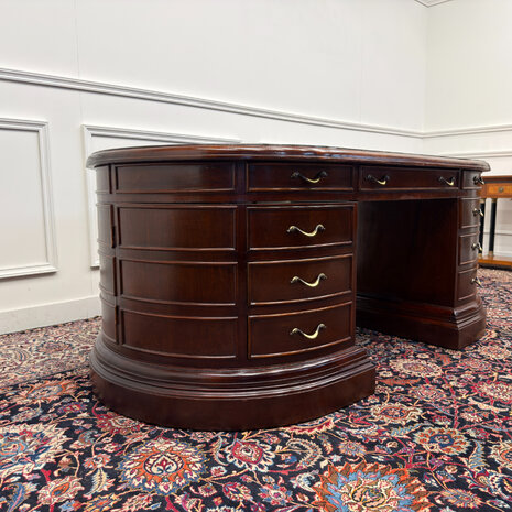 Klassiek-Engels-Antiek-Oud-Vintage-Chesterfield-Groot-Ovaal-Bureau-Desk
