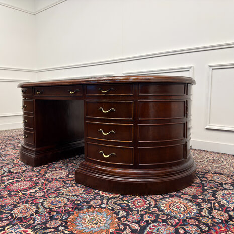 Klassiek-Engels-Antiek-Oud-Vintage-Chesterfield-Groot-Ovaal-Bureau-Desk