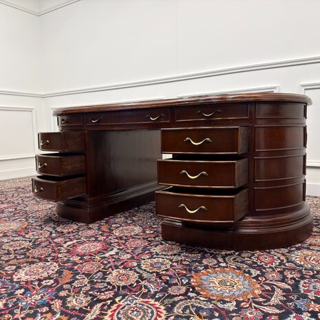 Klassiek-Engels-Antiek-Oud-Vintage-Chesterfield-Groot-Ovaal-Bureau-Desk