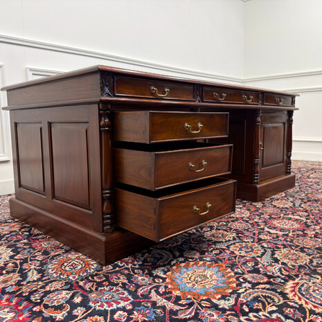 Klassiek-Engels-Antiek-Oud-Vintage-Chesterfield-Groot-Bureau-Desk-Groen-Leder