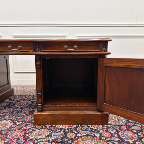Klassiek-Engels-Antiek-Oud-Vintage-Chesterfield-Groot-Bureau-Desk-Groen-Leder