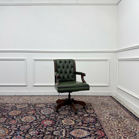 Klassiek-Engels-Antiek-Oud-Vintage-Chesterfield-Bureaustoel-President-Chair-Groen-Leder