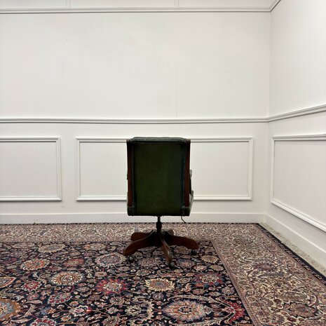 Klassiek-Engels-Antiek-Oud-Vintage-Chesterfield-Bureaustoel-President-Chair-Groen-Leder