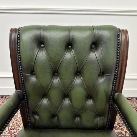 Klassiek-Engels-Antiek-Oud-Vintage-Chesterfield-Bureaustoel-President-Chair-Groen-Leder