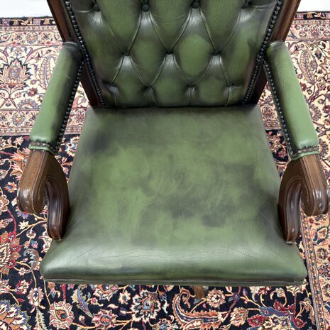 Klassiek-Engels-Antiek-Oud-Vintage-Chesterfield-Bureaustoel-President-Chair-Groen-Leder