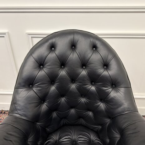 Klassiek-Engels-Antiek-Oud-Vintage-Chesterfield-Bureaustoel-Director-Directors-Chair-Zwart-Leder