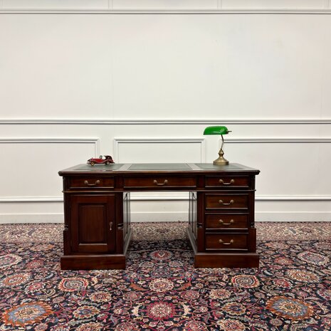 Klassiek-Engels-Antiek-Vintage-Chesterfield-Bureau-Desk-Groen-Leder