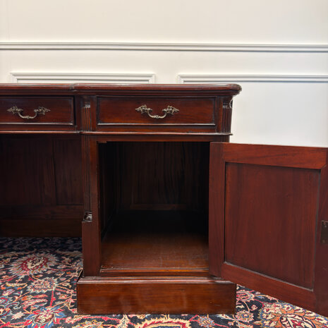 Klassiek-Engels-Antiek-Oud-Vintage-Chesterfield-Bureau-Desk-Groen-Leder-met-Achterschot