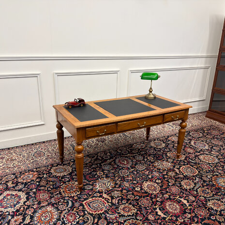 Klassiek-Engels-Antiek-Oud-Vintage-Chesterfield-Schrijftafel-Bureau-Desk-Zwart-Leder