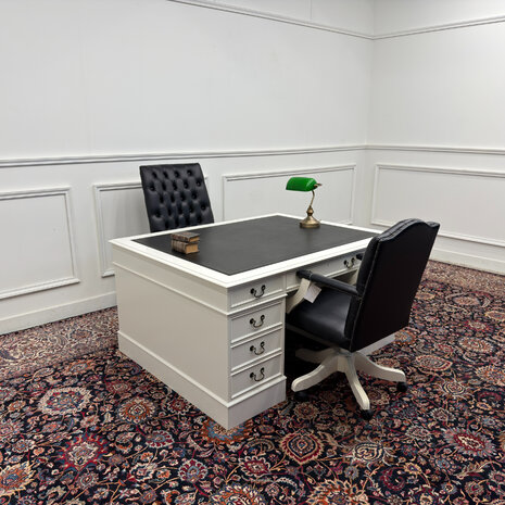 Klassiek-Engels-Antiek-Oud-Vintage-Chesterfiel-Wit-Bureau-Desk-Partnerdesk-Zwart-Leder-2