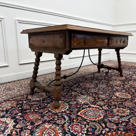 Klassiek-Spaans-Antiek-Oud-Vintage-Schrijftafel-19e-eeuw-Met-Lederen-Wereldkaart-4