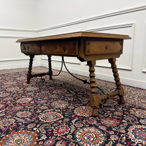 Klassiek-Spaans-Antiek-Oud-Vintage-Schrijftafel-19e-eeuw-Met-Lederen-Wereldkaart-5