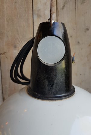 Antieke industriële emaille hanglamp met bol glas - HI18
