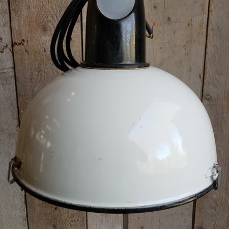 Antieke industriële emaille hanglamp met bol glas - HI18