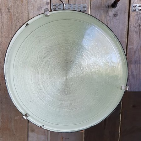 Antieke industriële emaille hanglamp met bol glas - HI18