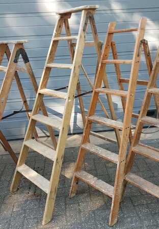 Antieke houten ladders trappen voor bloemen en planten
