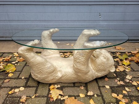 Unieke glazen tafel met bronzen beer