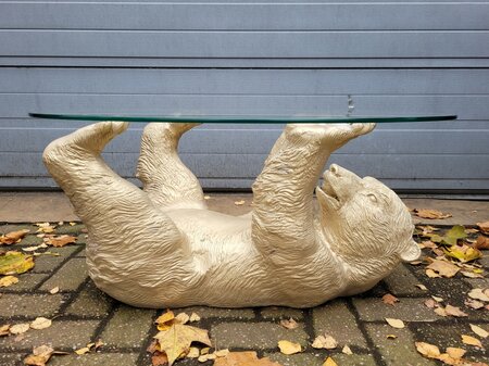 Unieke glazen tafel met bronzen beer