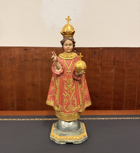 Antiek houten beeld Jesus kindje van Wenen polychrome geschilderd