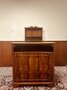 Antique English Chesterfield mahogany bar with bar stools